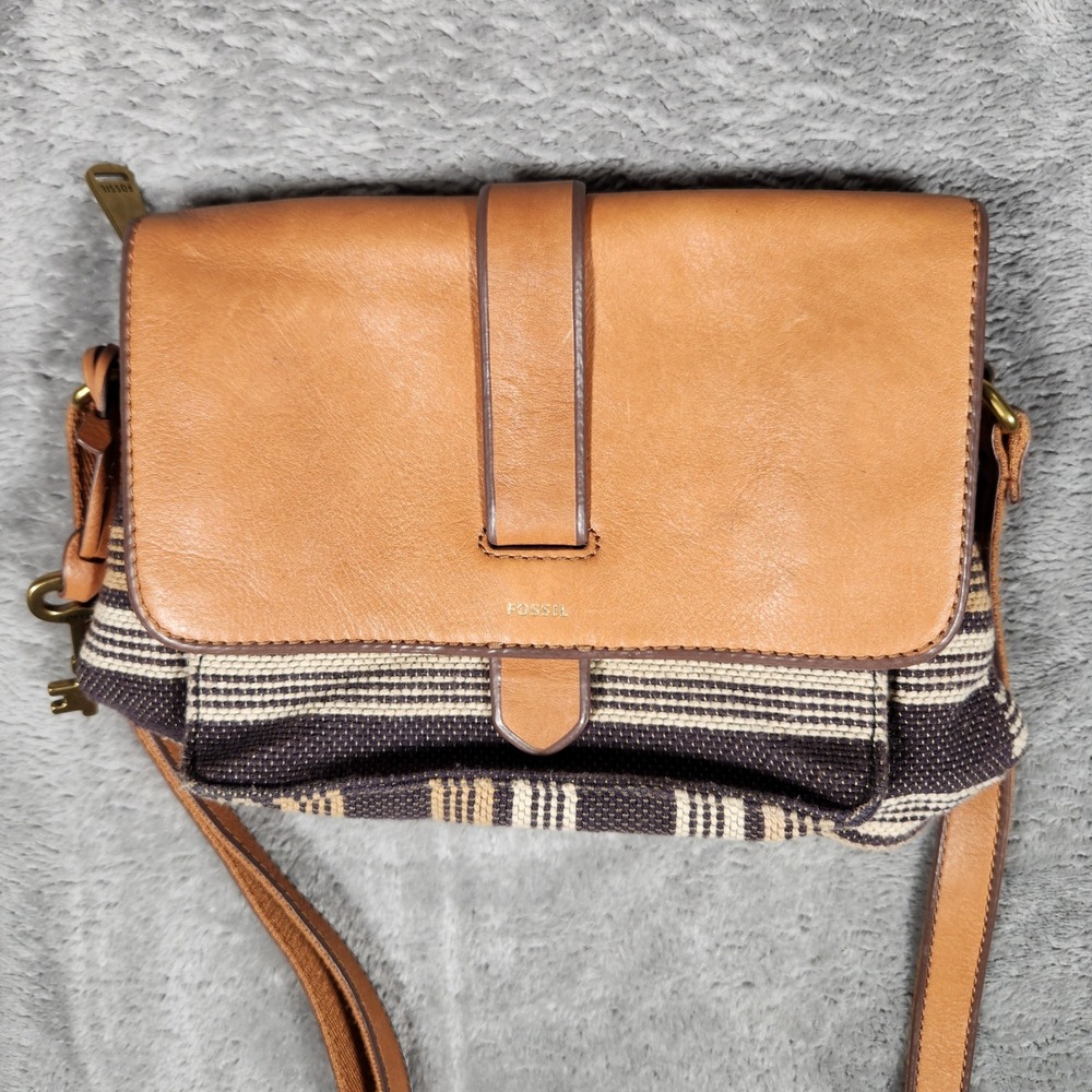 Fossil Crossbody Bag Womens Medium Tan Brown Striped Leather Fabric EUC